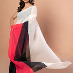 White, Black and Red Pleated Pure Georgette Saree - Anvi Couture