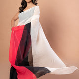 White, Black and Red Pleated Pure Georgette Saree - Anvi Couture