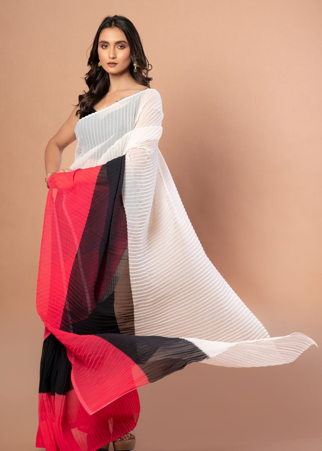 White, Black and Red Pleated Pure Georgette Saree - Anvi Couture