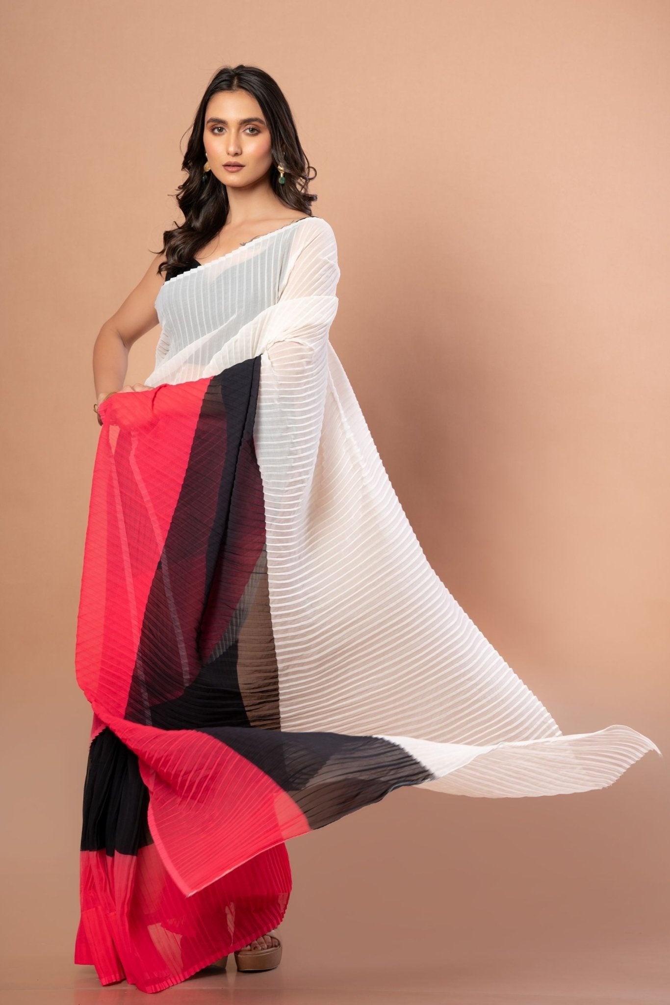 White, Black and Red Pleated Pure Georgette Saree - Anvi Couture
