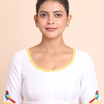 White Cotton Blouse with Yellow Piping and Embroidered Applique full