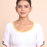 White Cotton Blouse with Yellow Piping and Embroidered Applique full