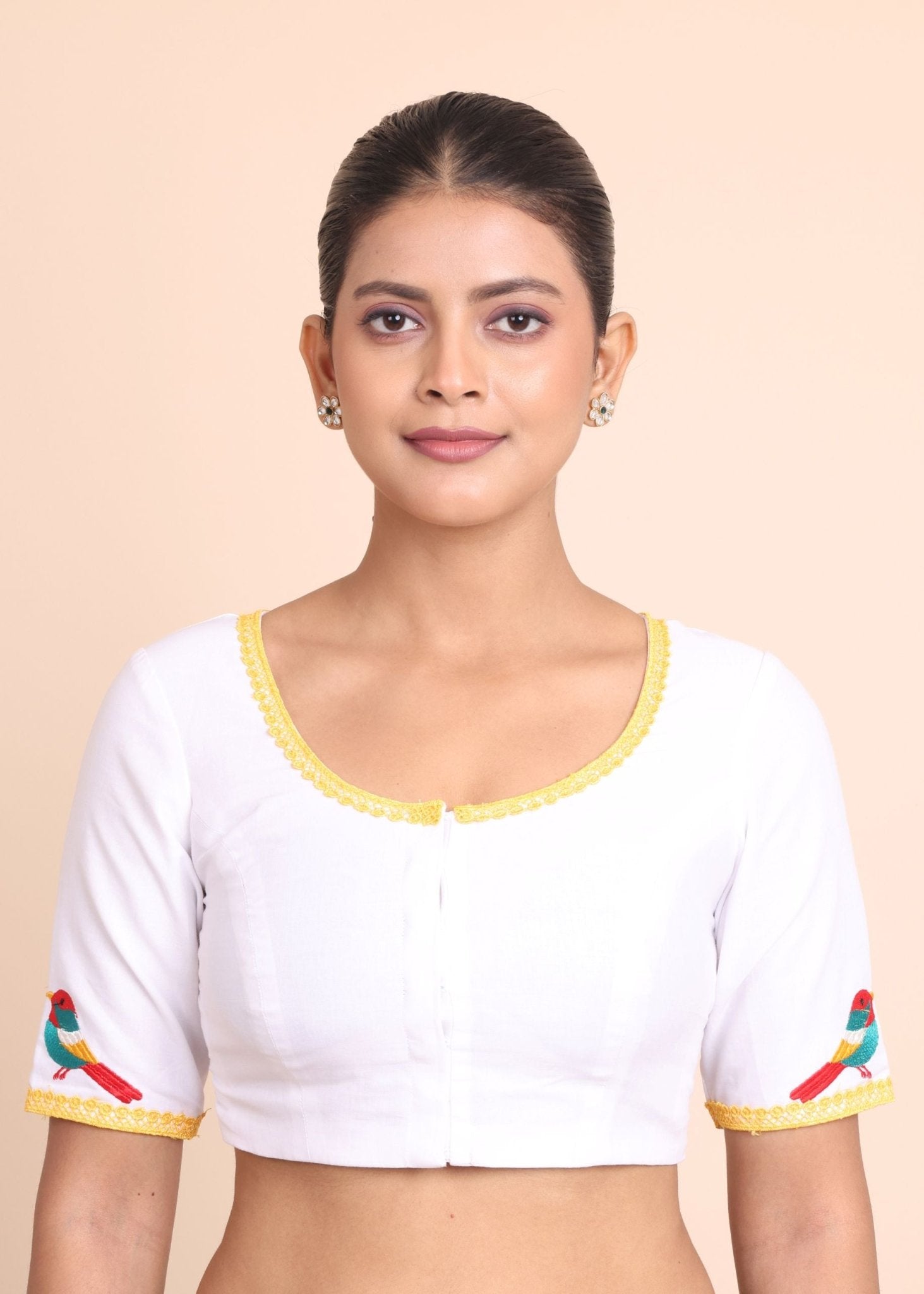 White Cotton Blouse with Yellow Piping and Embroidered Applique - Anvi Couture