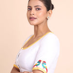 White Cotton Blouse with Yellow Piping and Embroidered Applique front