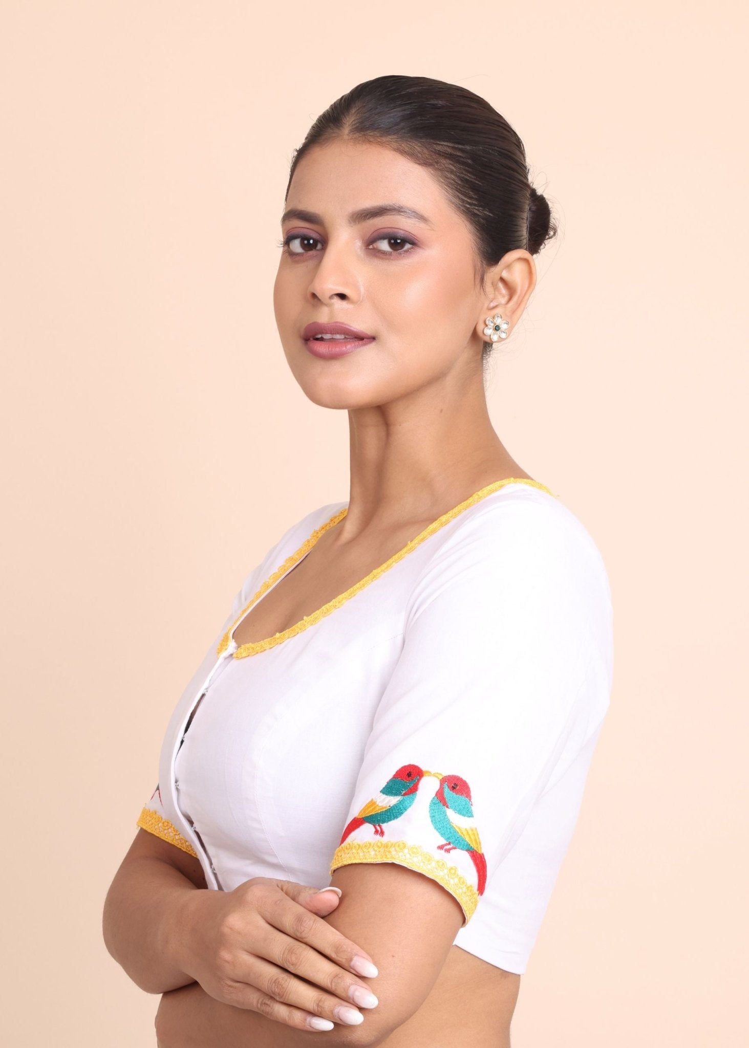 White Cotton Blouse with Yellow Piping and Embroidered Applique - Anvi Couture