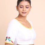 White Cotton Blouse with Yellow Piping and Embroidered Applique side