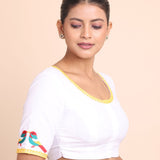 White Cotton Blouse with Yellow Piping and Embroidered Applique side