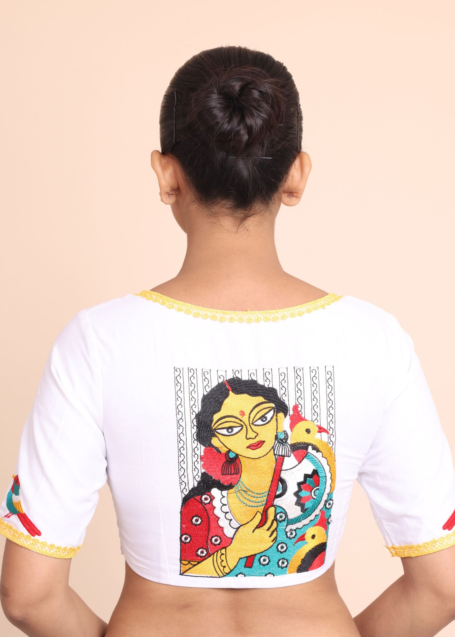 White Cotton Blouse with Yellow Piping and Embroidered Applique back