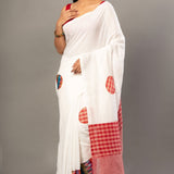 White Cotton Gamcha Saree With Multicolor - Anvi Couture