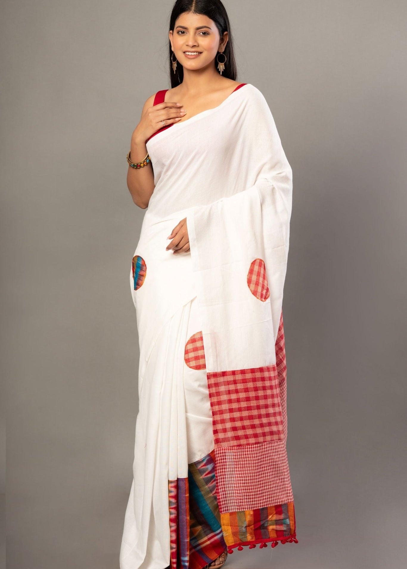 White Cotton Gamcha Saree With Multicolor - Anvi Couture