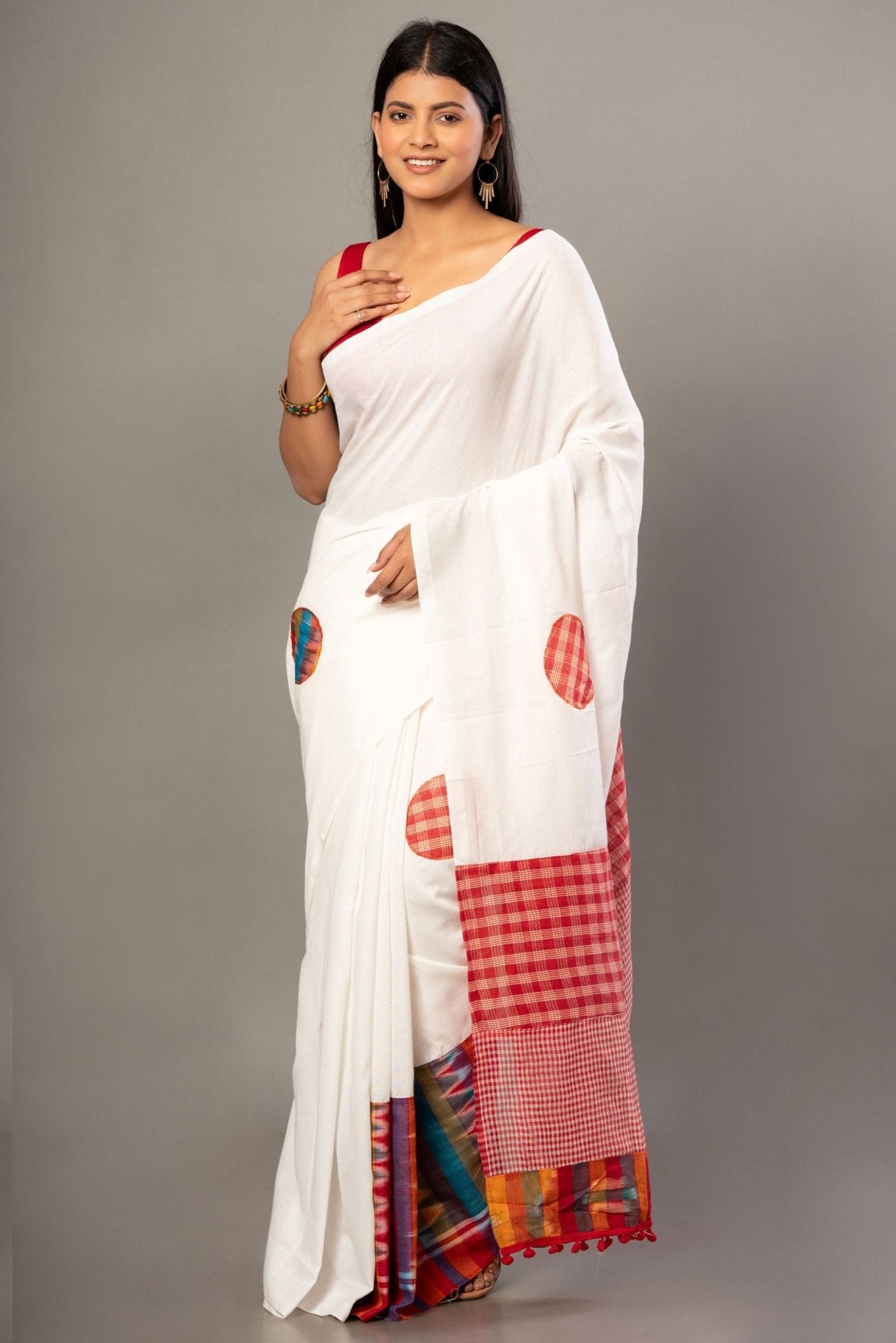 White Cotton Gamcha Saree With Multicolor - Anvi Couture