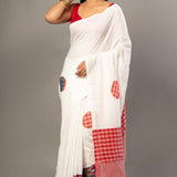 White Cotton Gamcha Saree With Multicolor - Anvi Couture