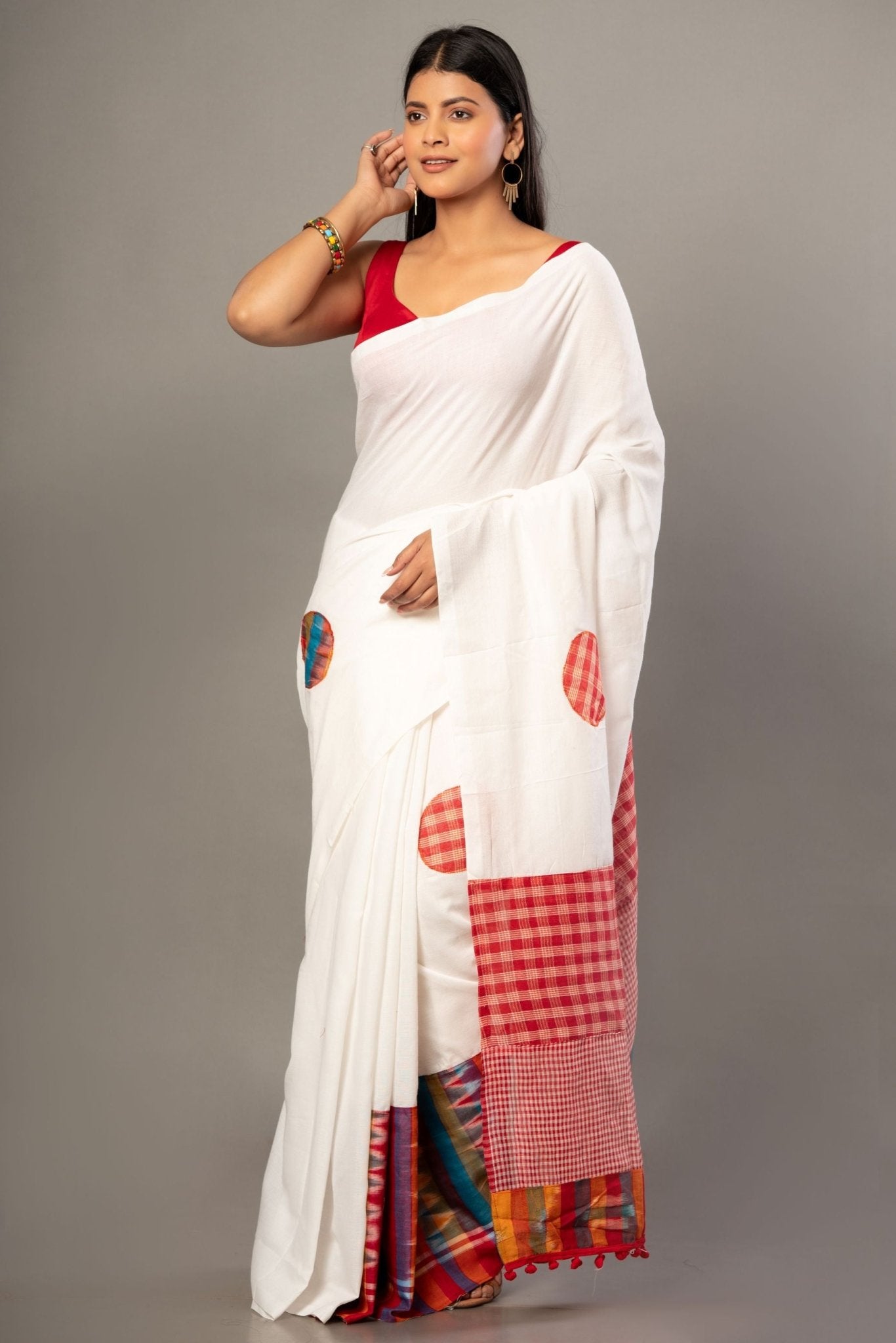 White Cotton Gamcha Saree With Multicolor - Anvi Couture
