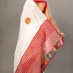White Cotton Gamcha Saree With Multicolor - Anvi Couture
