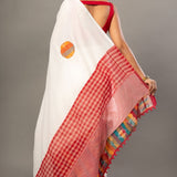 White Cotton Gamcha Saree With Multicolor - Anvi Couture