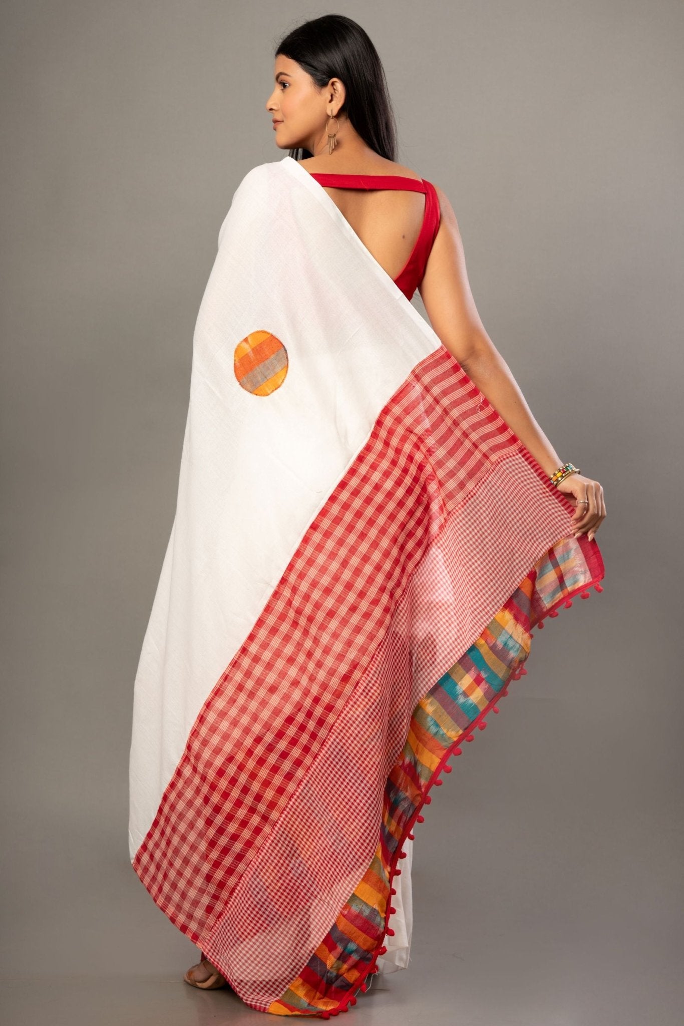 White Cotton Gamcha Saree With Multicolor - Anvi Couture