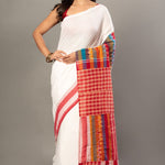 White Cotton Gamcha Saree With Red and Multocolor Checks - Anvi Couture