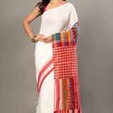 White Cotton Gamcha Saree With Red and Multocolor Checks - Anvi Couture