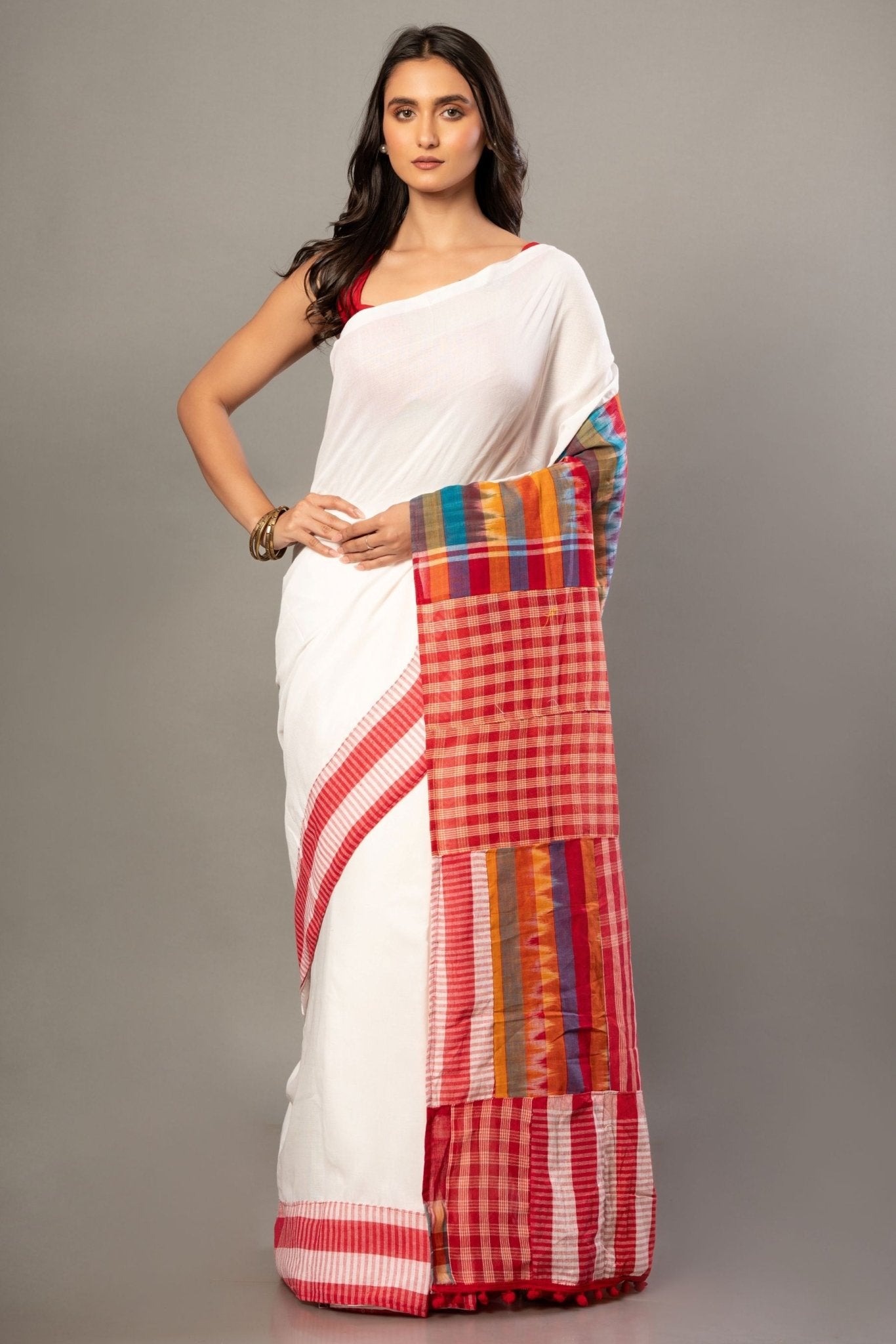 White Cotton Gamcha Saree With Red and Multocolor Checks - Anvi Couture
