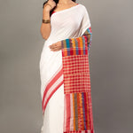 White Cotton Gamcha Saree With Red and Multicolor Checks
