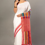 White Cotton Gamcha Saree With Red and Multicolor Checks