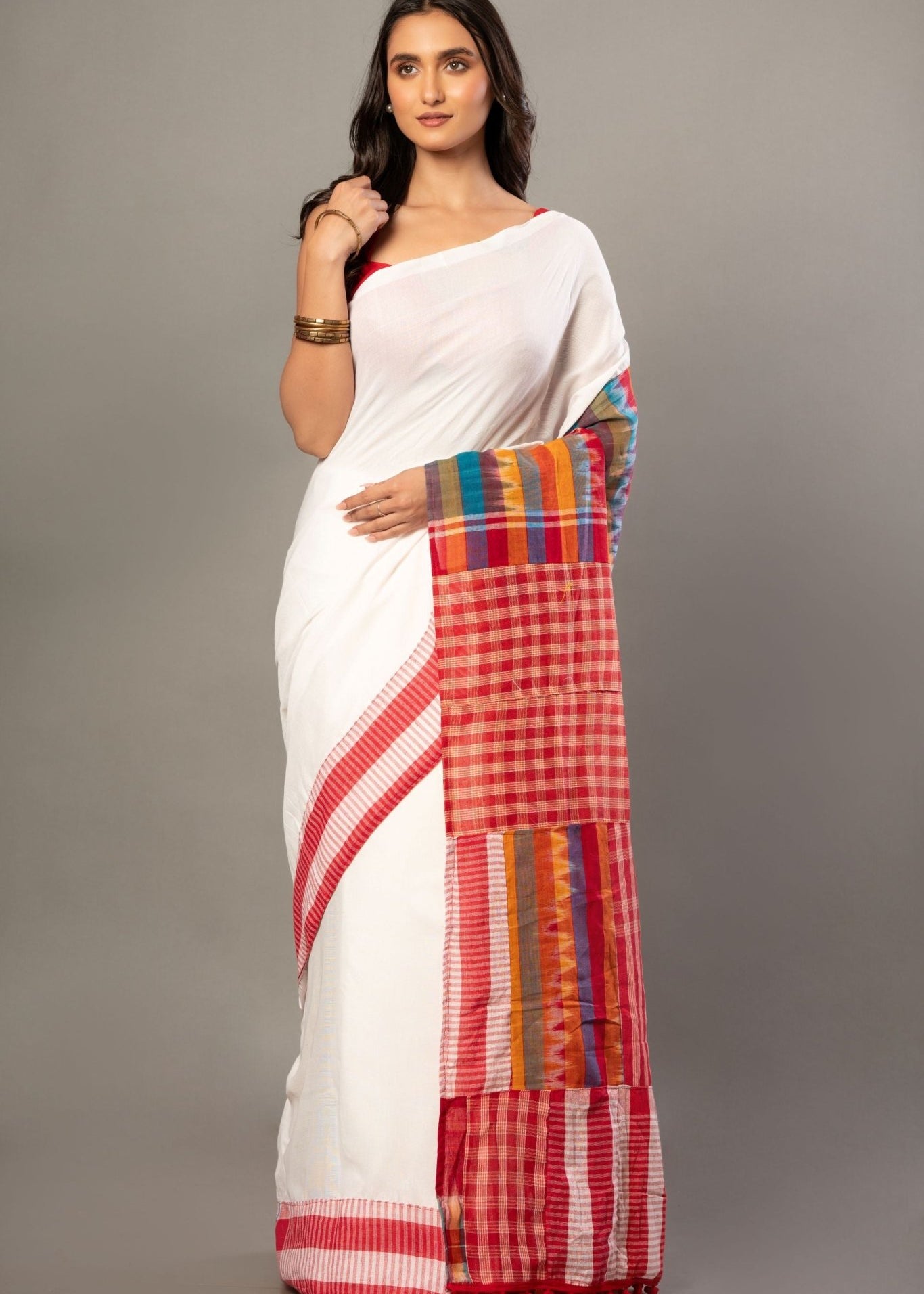 White Cotton Gamcha Saree With Red and Multicolor Checks