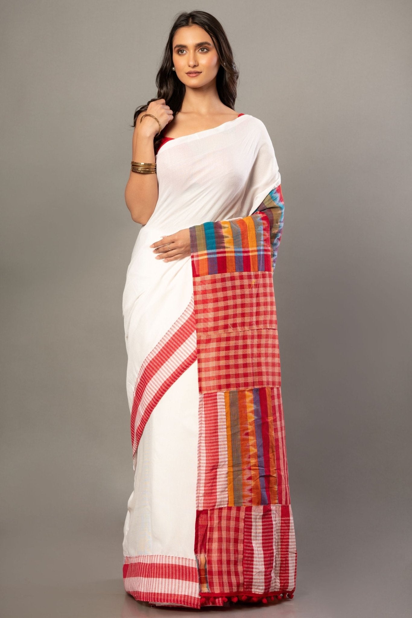 White Cotton Gamcha Saree With Red and Multicolor Checks