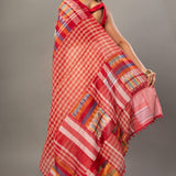 White Cotton Gamcha Saree With Red and Multicolor Checks