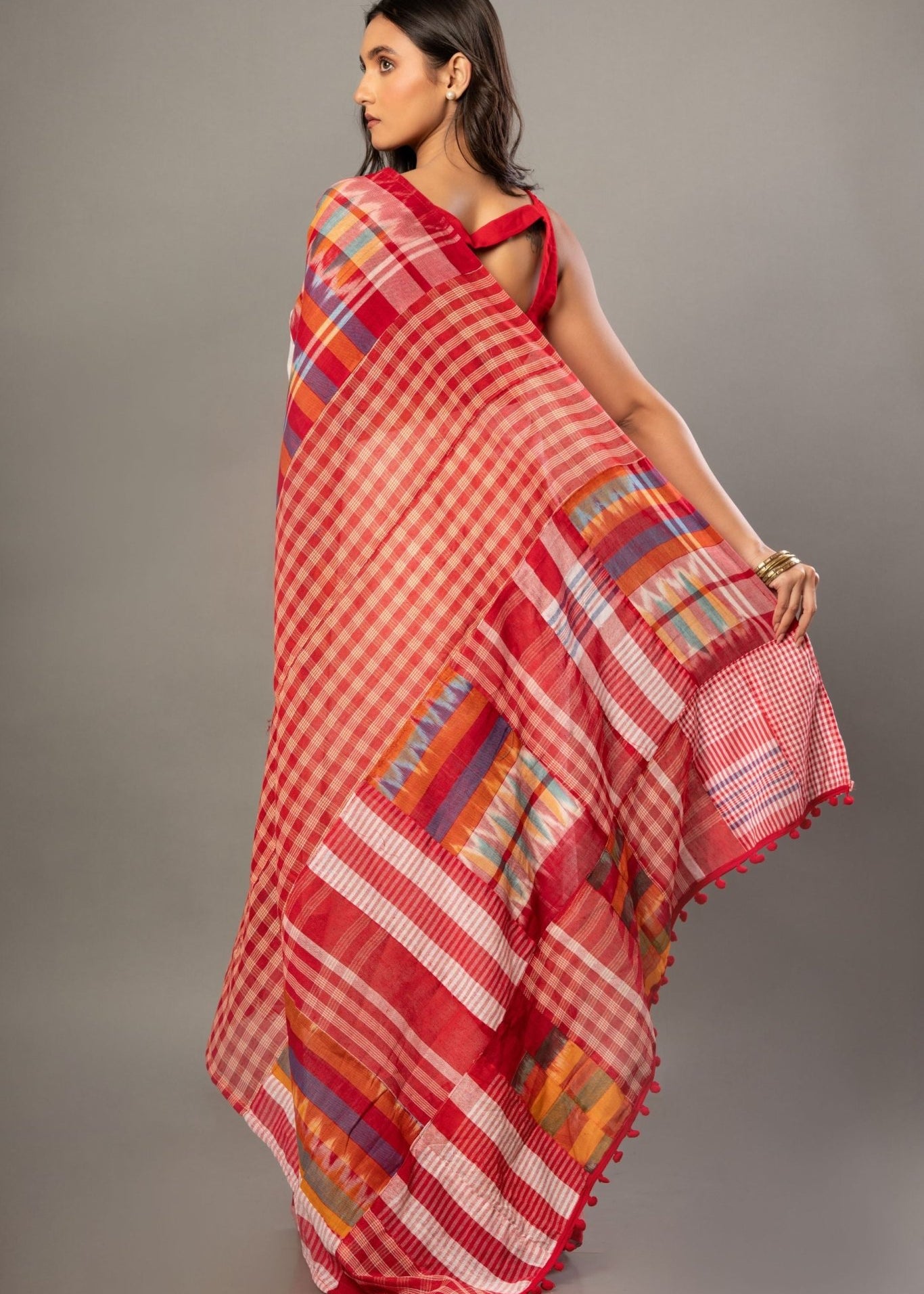 White Cotton Gamcha Saree With Red and Multicolor Checks