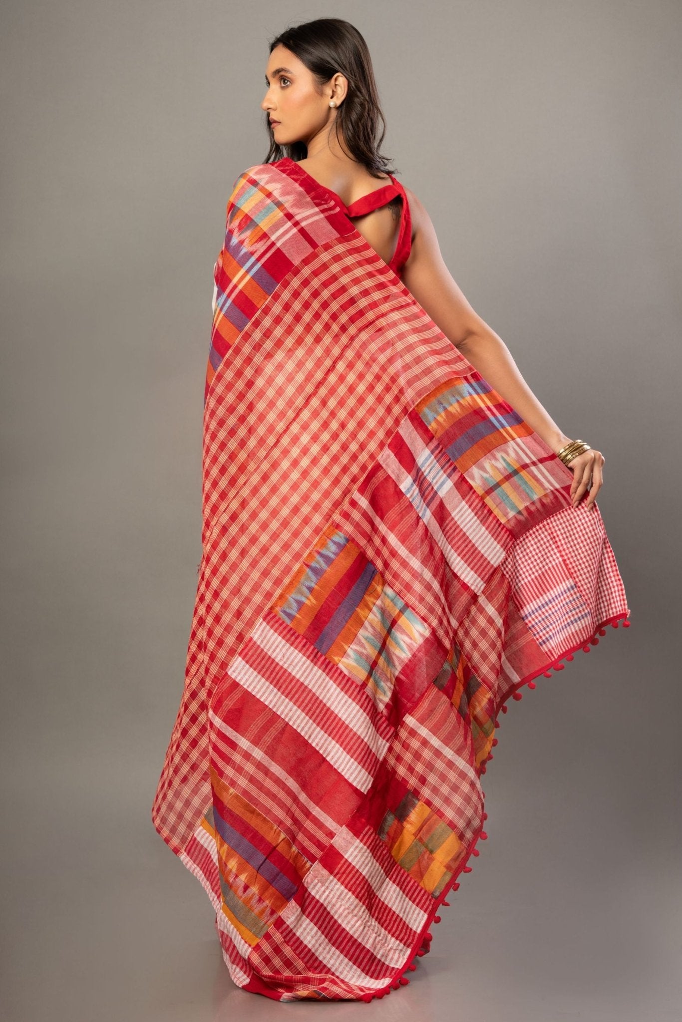 White Cotton Gamcha Saree With Red and Multicolor Checks