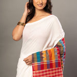 White Cotton Gamcha Saree With Red and Multicolor Checks