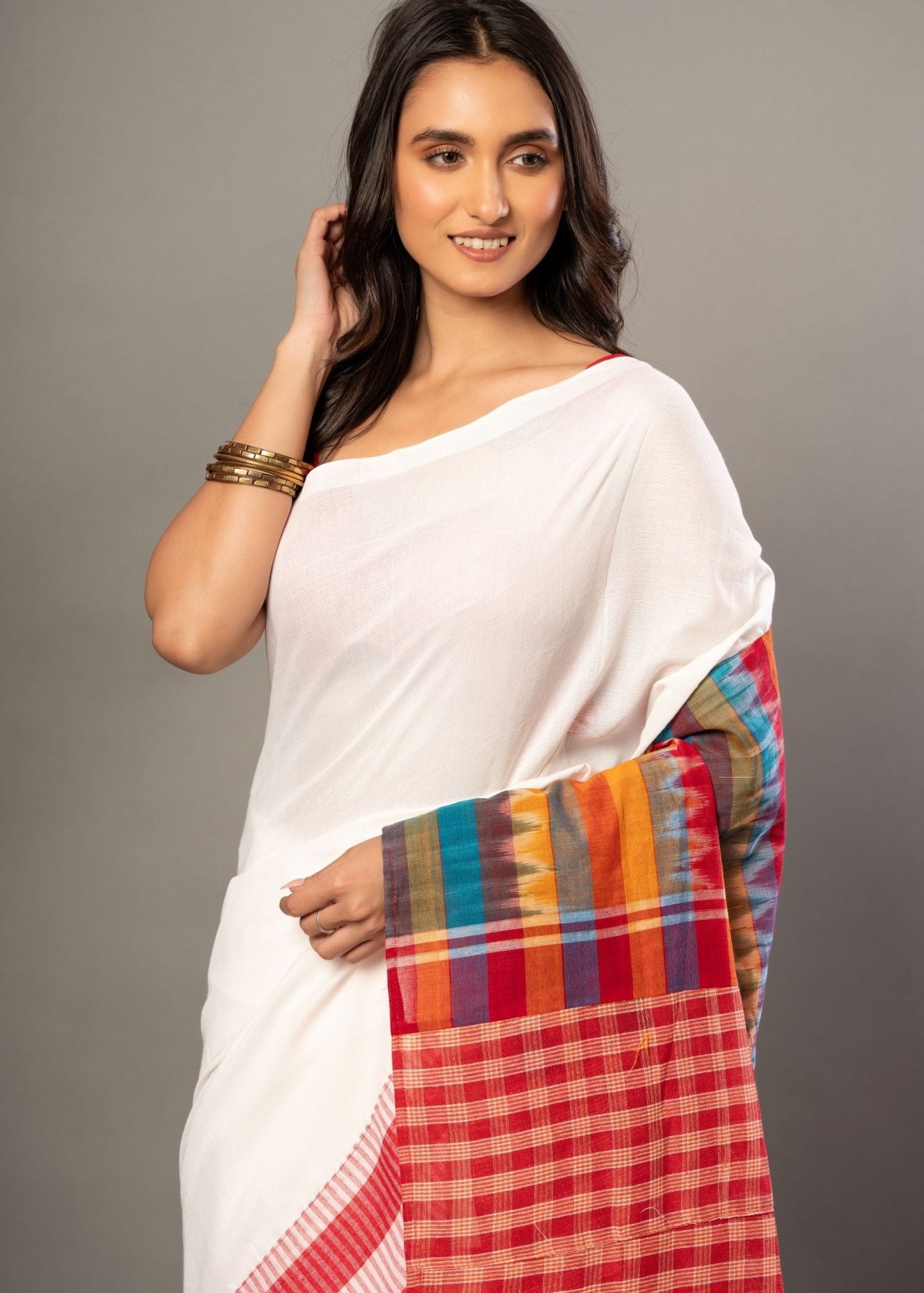White Cotton Gamcha Saree With Red and Multicolor Checks