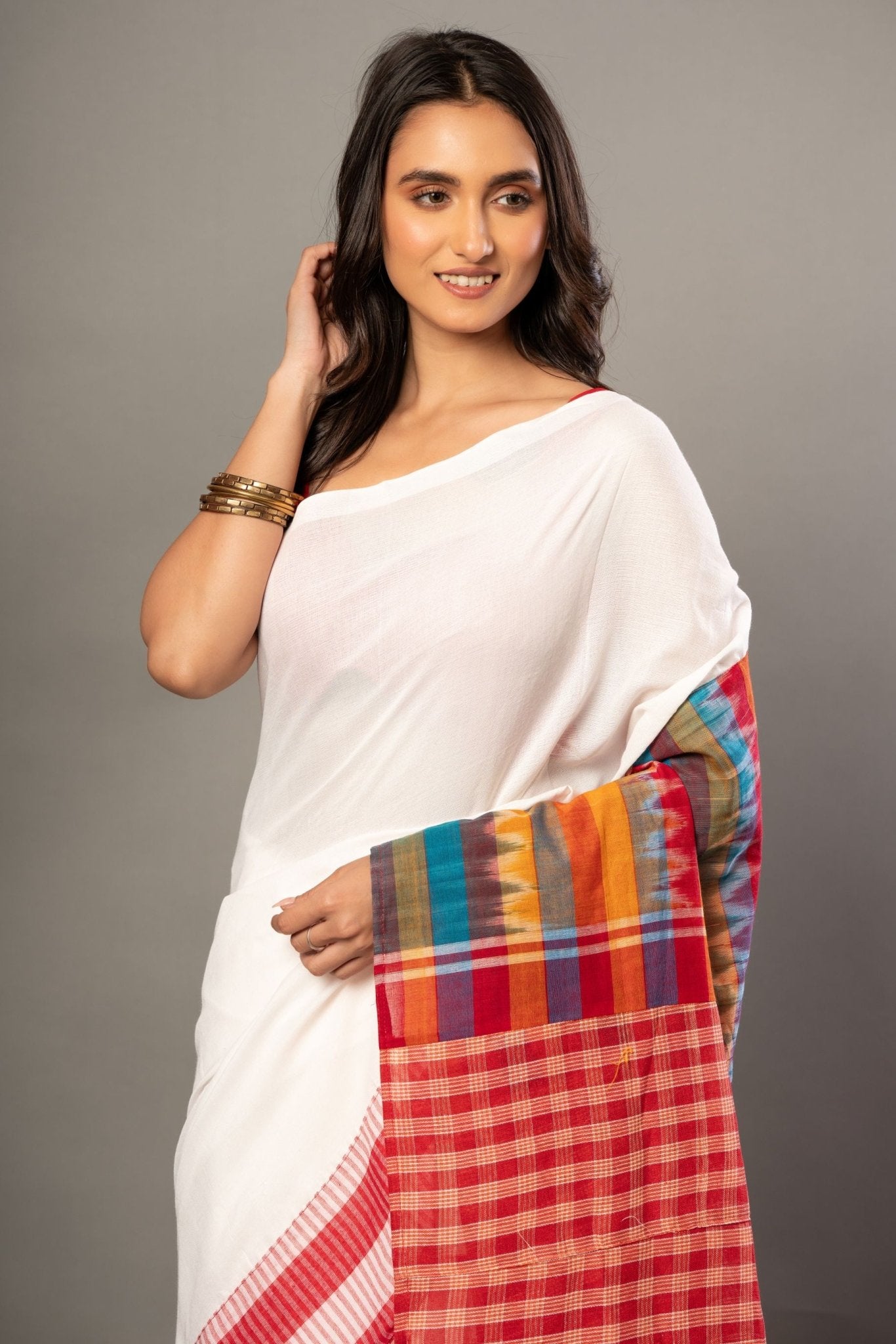 White Cotton Gamcha Saree With Red and Multicolor Checks