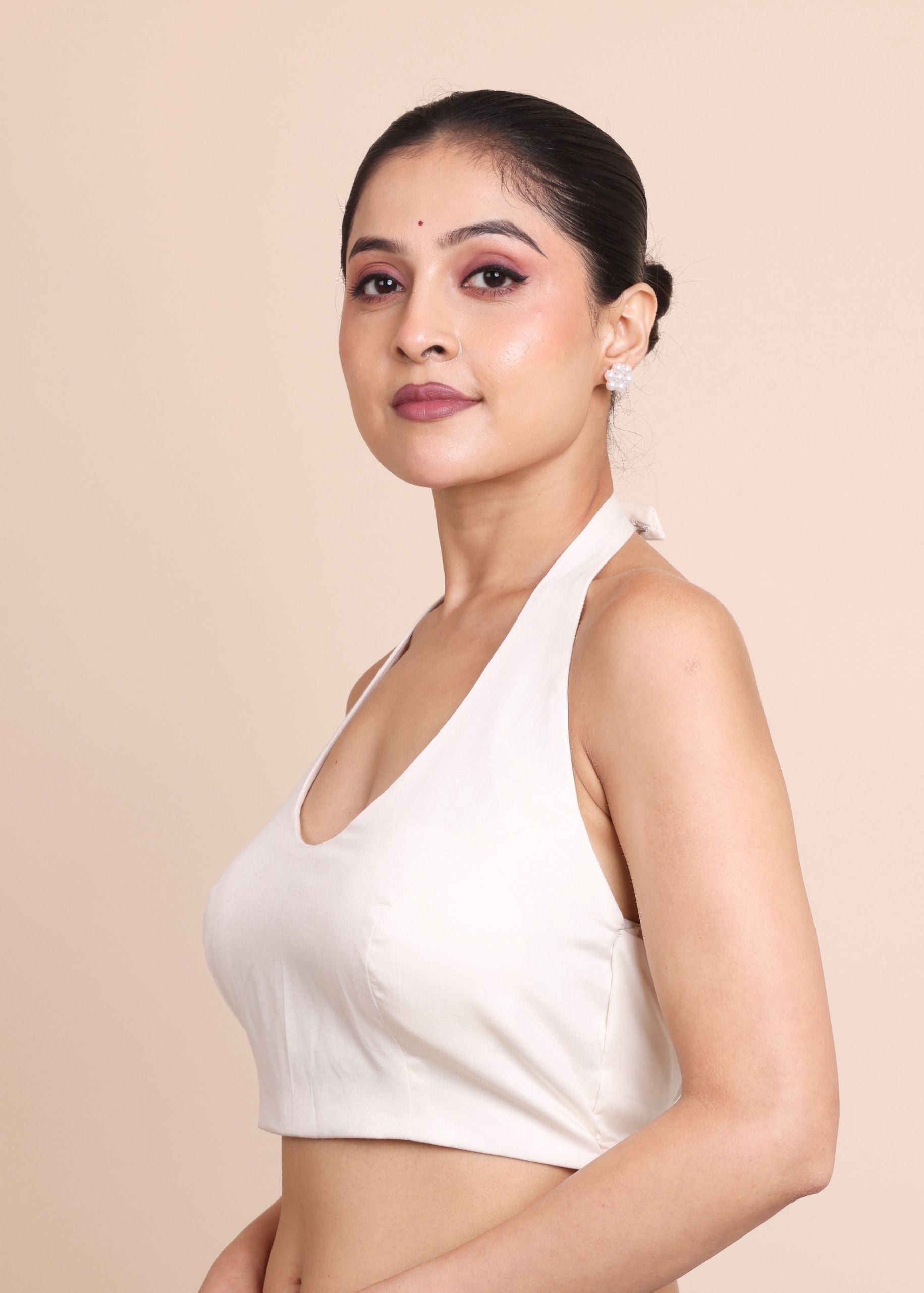 White Cotton Halter Neck Blouse front