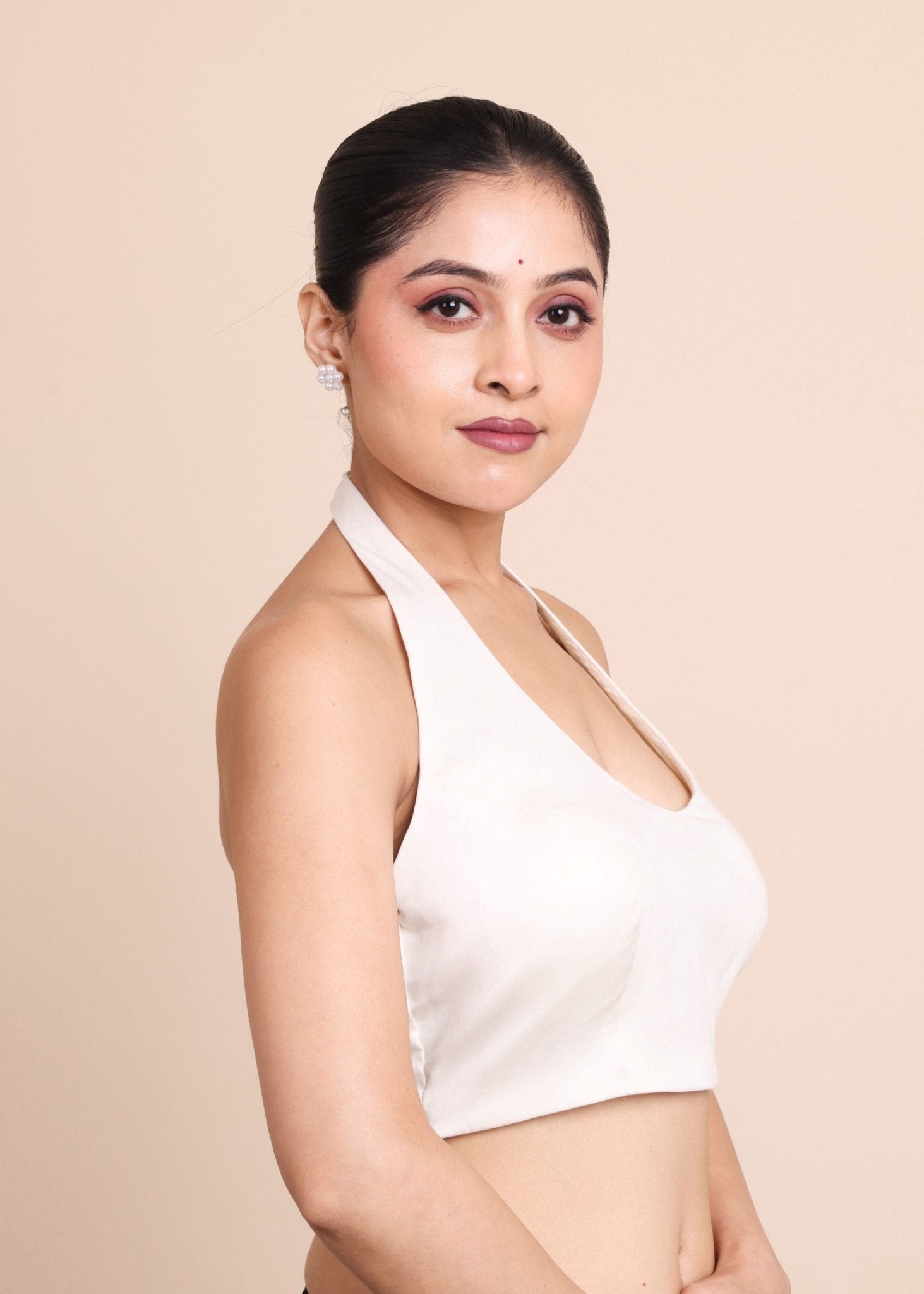 White Cotton Halter Neck Blouse - Anvi Couture