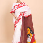 White Cotton Handloom Saree With Hand Paint Maa Lakshmi In Anchol Full