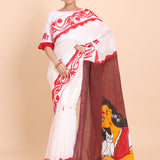 White Cotton Handloom Saree With Hand Paint Maa Lakshmi In Anchol Full
