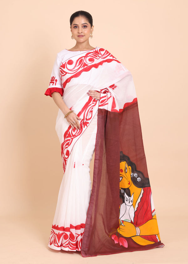 White Cotton Handloom Saree With Hand Paint Maa Lakshmi In Anchol Full