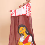 White Cotton Handloom Saree With Hand Paint Maa Lakshmi In Anchol Side