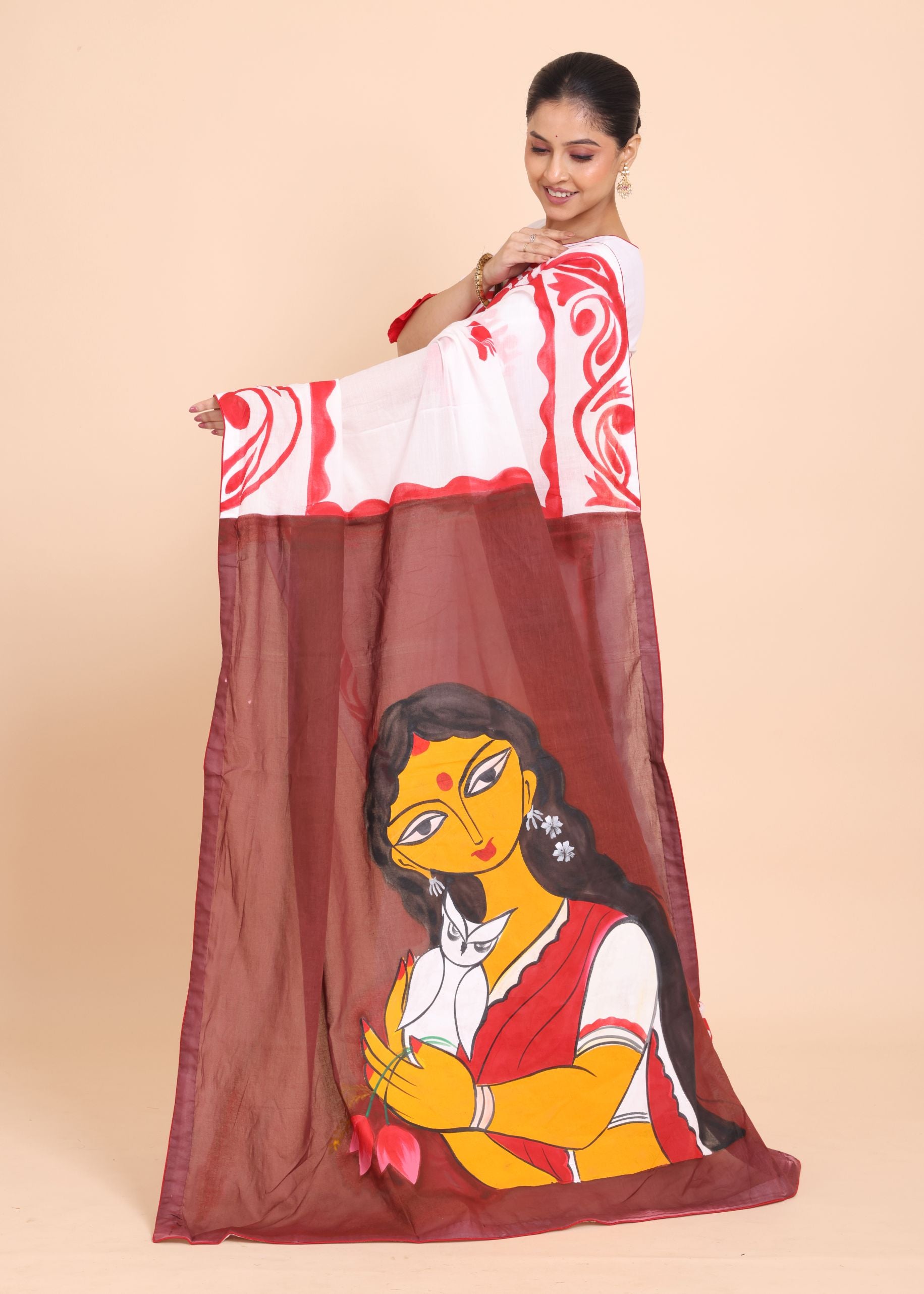 White Cotton Handloom Saree With Hand Paint Maa Lakshmi In Anchol Side