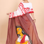 White Cotton Handloom Saree With Hand Paint Maa Lakshmi In Anchol Back