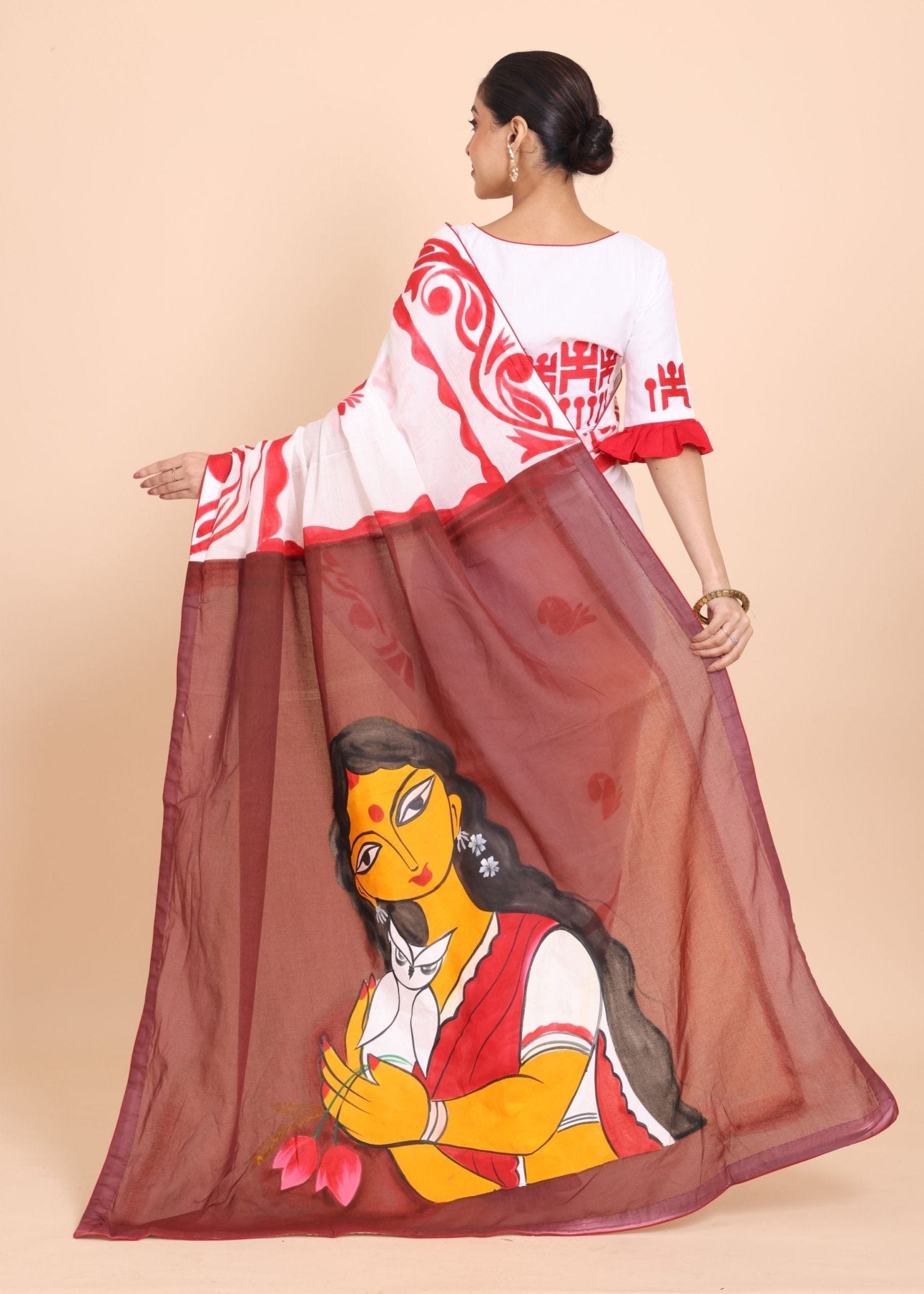 White Cotton Handloom Saree With Hand Paint Maa Lakshmi In Anchol - Anvi Couture