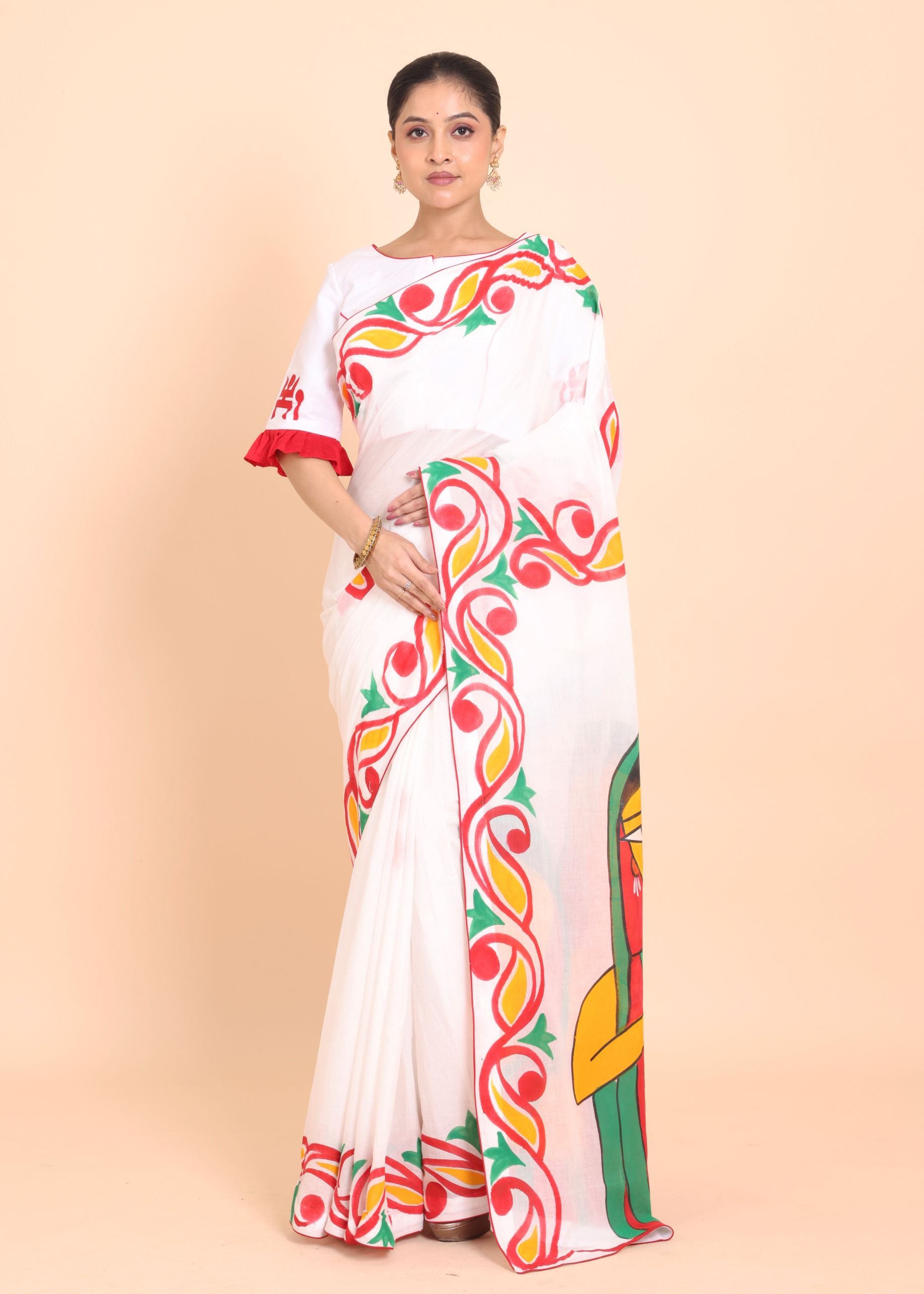 White Cotton Handloom Saree With all over Hand Paint Full