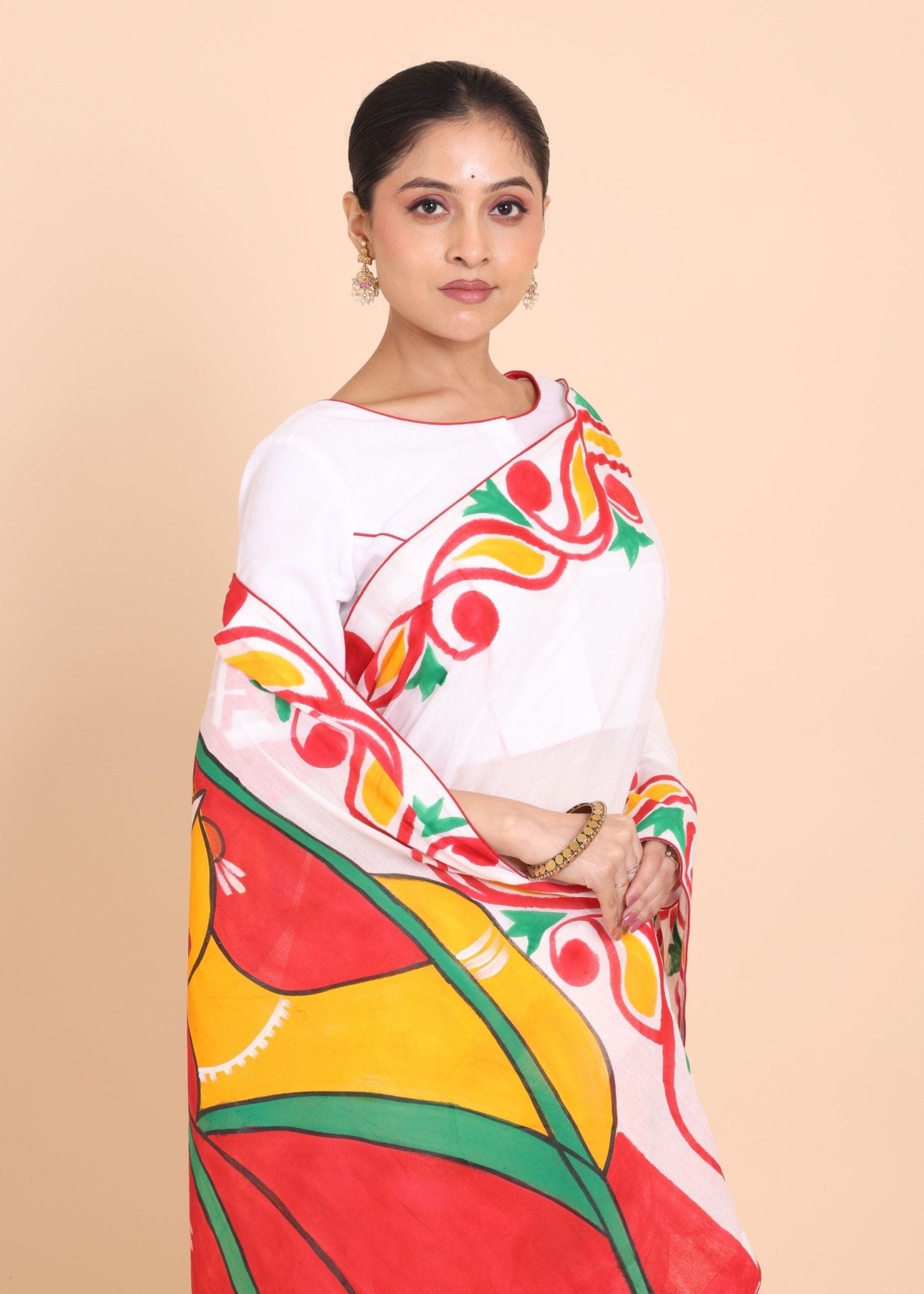 White Cotton Handloom Saree With all over Hand Paint - Anvi Couture