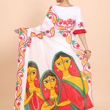 White Cotton Handloom Saree With all over Hand Paint Back