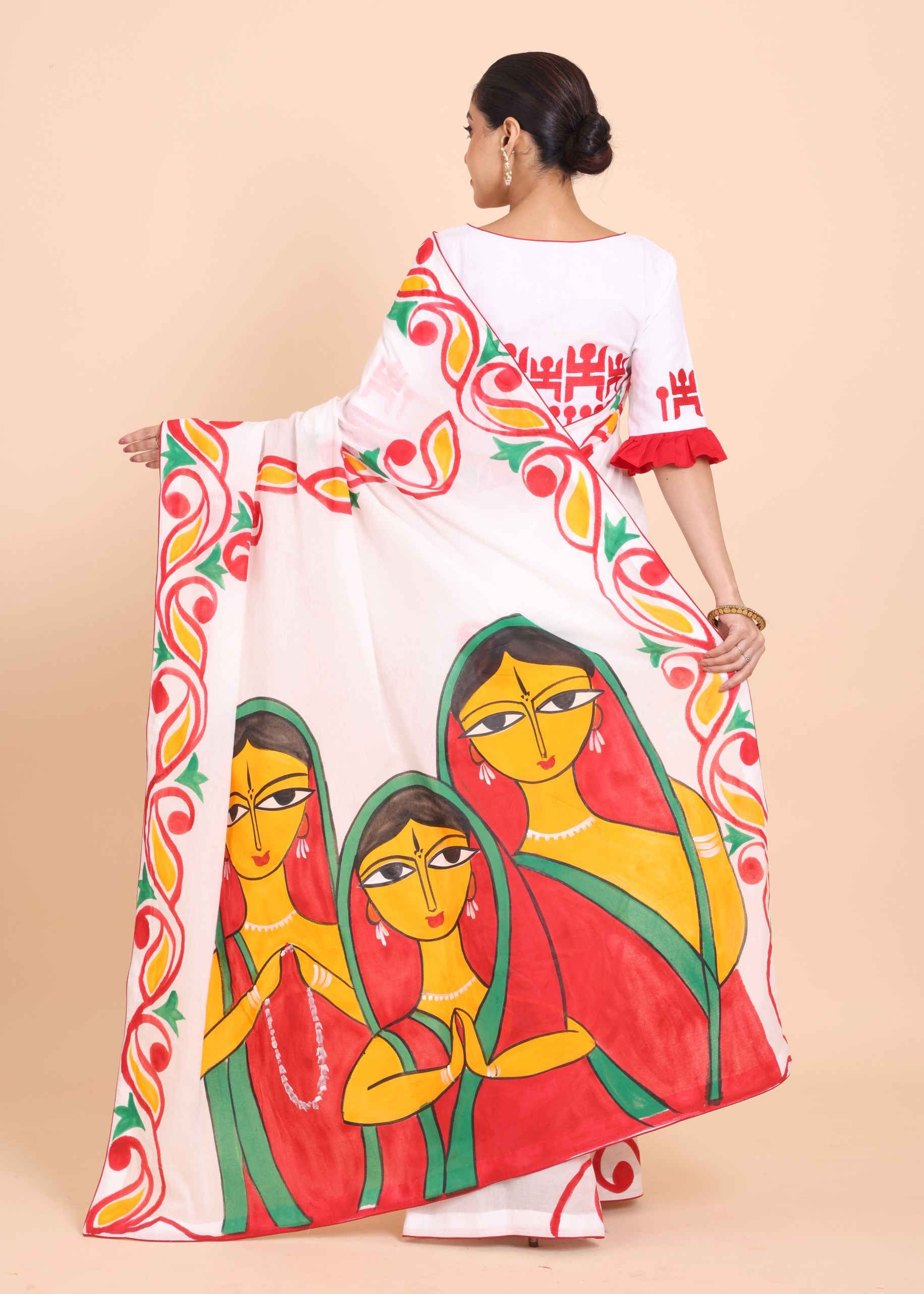 White Cotton Handloom Saree With all over Hand Paint Back