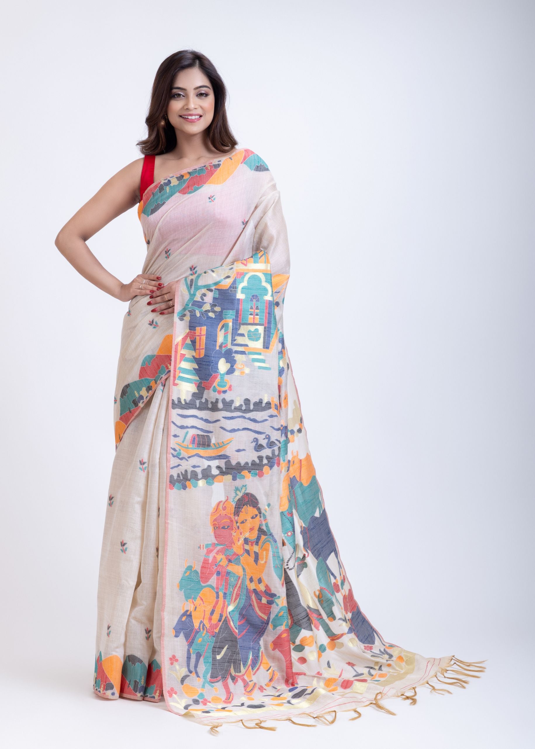 White Cotton Jamdani Handloom Saree Full
