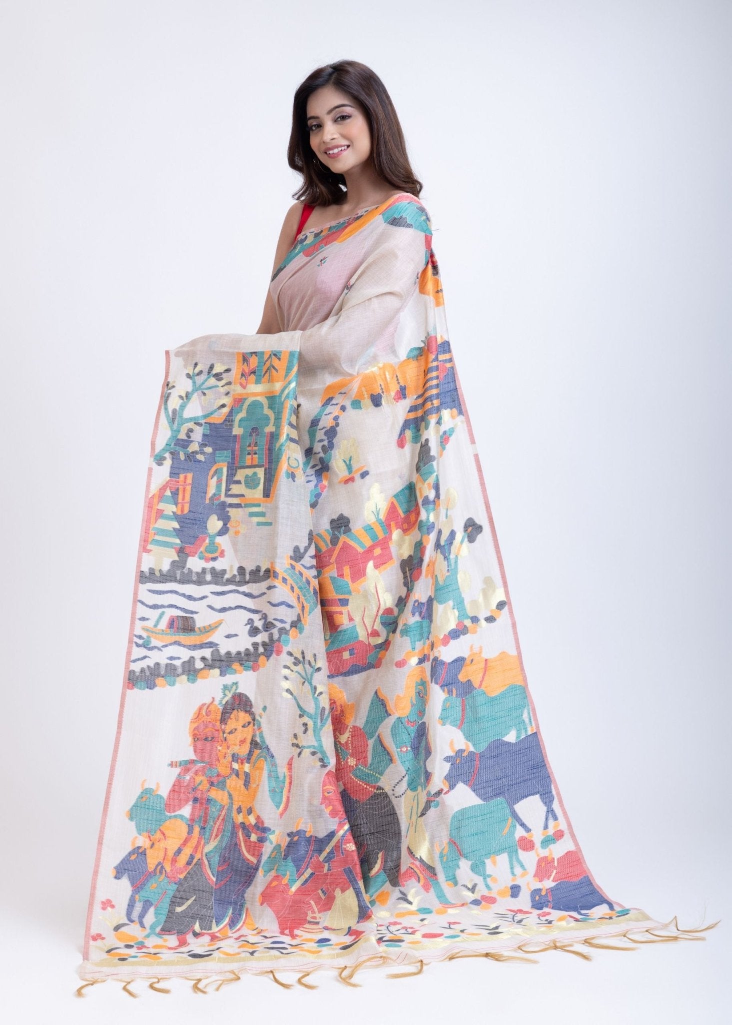 White Cotton Jamdani Handloom Saree - Anvi Couture