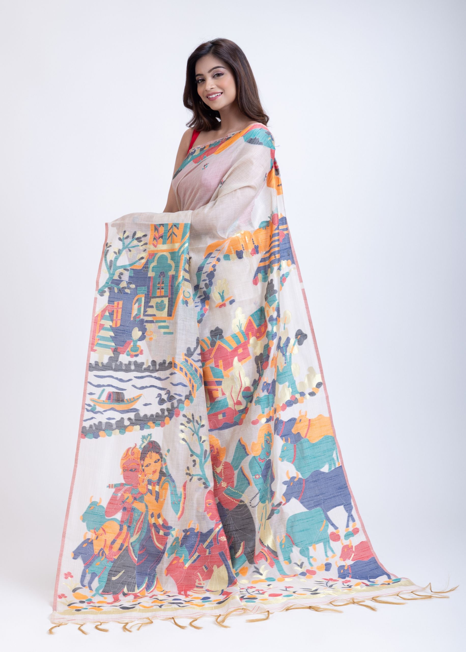 White Cotton Jamdani Handloom Saree Front