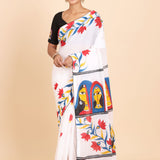 White Cotton Saree With Floral Hand Painted Saree Full